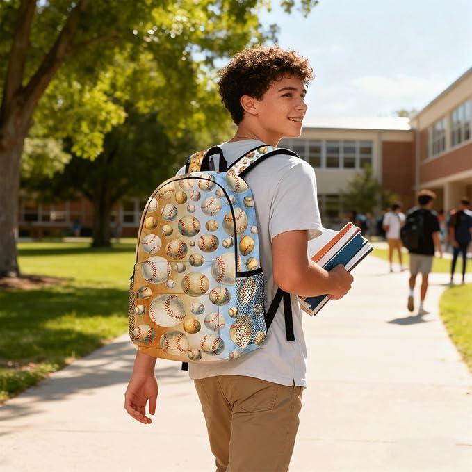 Baseball Backpack for Kids & Youth, 16 Inch Tennis-Themed School Bookbag, Lightweight Polyester Daypack with Front Zip Pocket, Side Bottle Pocket, Padded Adjustable Straps, Unisex