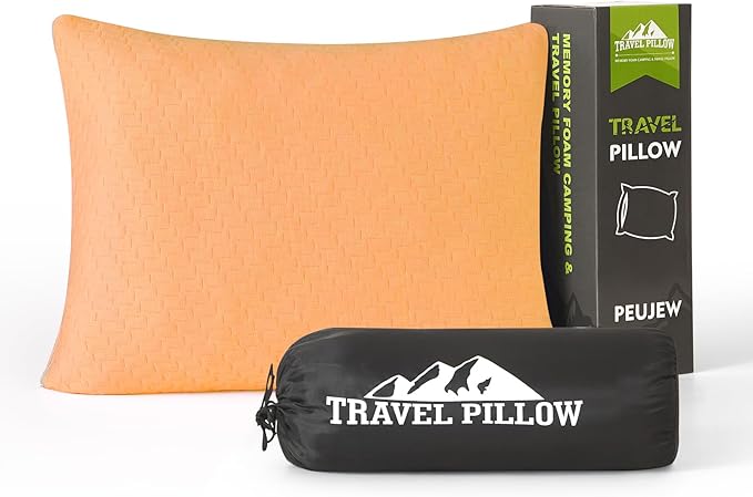 Small Shredded Memory Foam Pillow, Camping Pillow Travel Pillow - Compressible Medium Firm, Breathable Cover, Ideal Backpacking Hiking, Airplane and Car (Apricot Yellow, L)