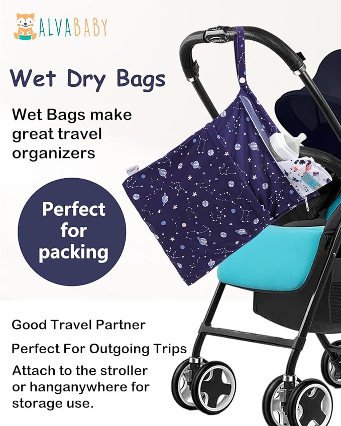 ALVABABY 3pcs Cloth Diaper Wet Dry Bags Waterproof Reusable with Two Zippered Pockets Travel Beach Pool Daycare Soiled Baby Items Yoga Gym Bag for Swimsuits or Wet Clothes 3L-ZM32