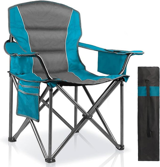 Oversized Padded Camping Chairs for Adults,Heavy Duty Support 400 Lbs,Folding Portable Lawn Chair w/Cup Holder,Cooler Bag,Side Pocket,Perfect for Outdoor Picnic,Hiking(Blue)