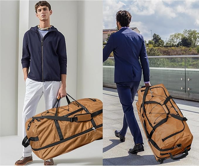 110L/140L Expandable Soft-Sided Foldable Duffle Bag with 2 Rubber Wheels,Packable 32” Rolling Carry-On with Multi-Pockets & Compartments,Coffee