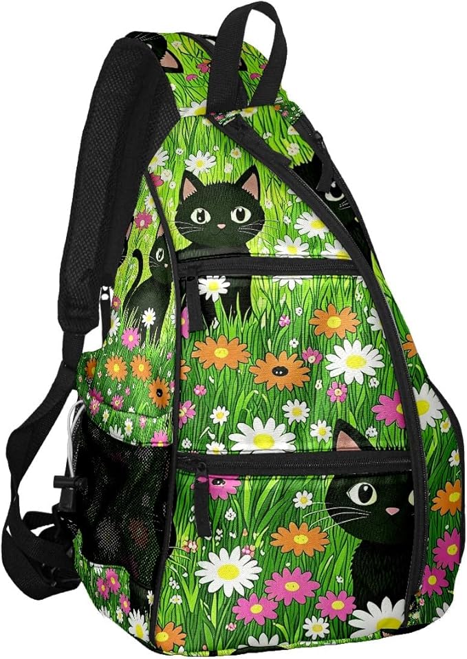 Pickleball Bag Cartoon Cats Green Pickle Ball Backpack for Women Men Premium Lightweight Crossbody Sling Bag Sports Backpack for Pickleball Paddle Tennis