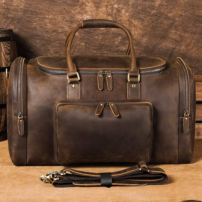TIDING Full Grain Leather Travel Duffel Bag for Men, 23 Inch Vintage Weekender Overnight Gym Duffle Bag 52L Luggage Bag