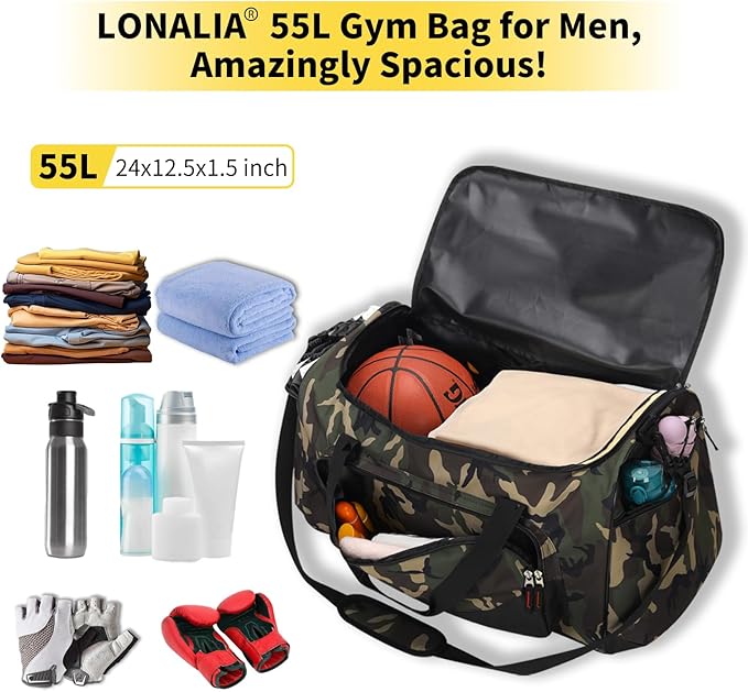 55L Large Sports Duffle Bag for Men - 22 inch Men's Gym Bag Heavy Duty Duffel Bag (Camo)