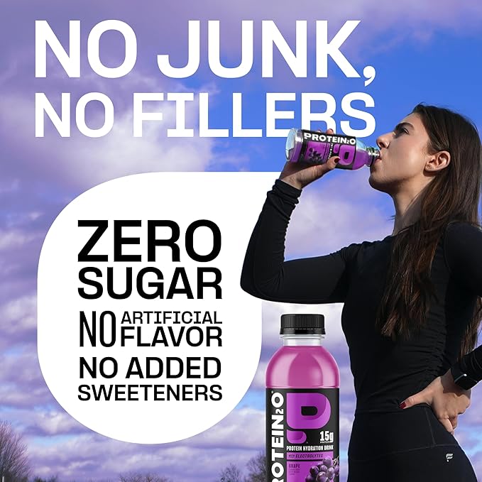 Protein2o Hydration Drink - 2-in-1 Liquid Clear Whey Protein Isolate and Electrolyte Drink - 15g Protein, Vitamins B5, B6 - Post-Workout Recovery - 16.9 Fl Oz - Grape, (Pack of 24)