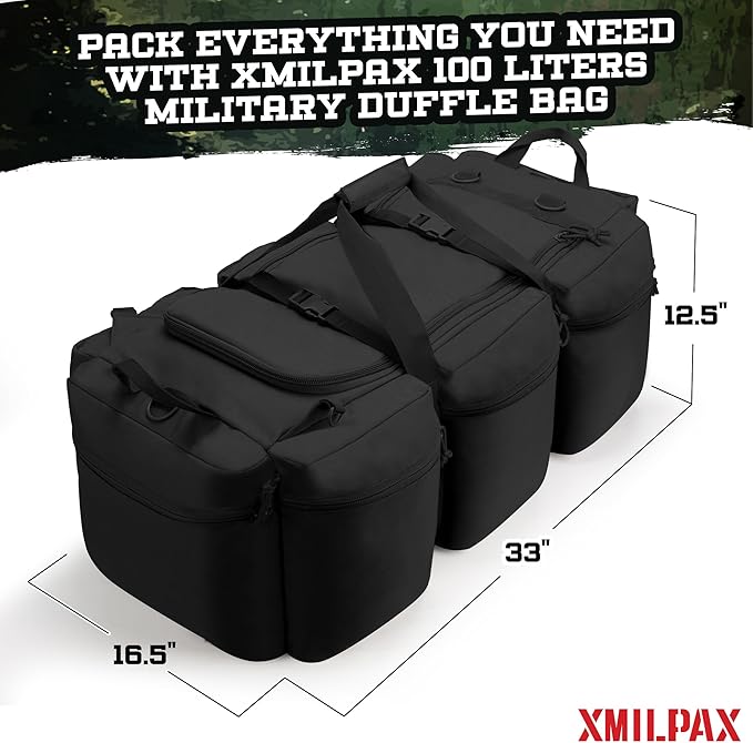 100L Large Military Duffle Bag Deployment Duffel Bag Sports Equipment Travel Luggage Bag with Detachable Backpack Straps…