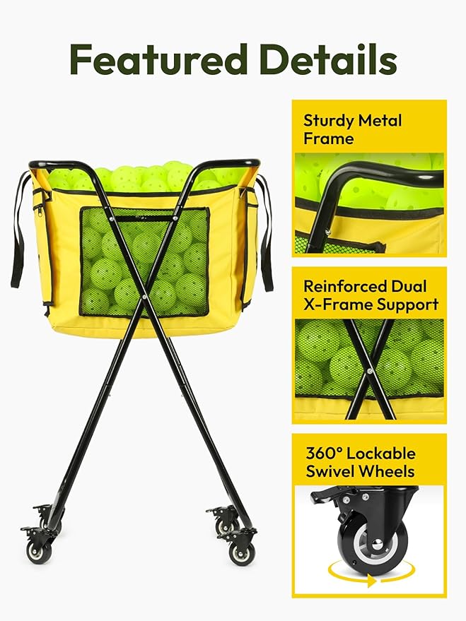 A11N SPORTS Pickleball Tennis Balls Hopper with Side Pocket – Holds 140 Pickleballs or 180 Tennis Balls, Pickleball Caddy with 4 Swivel Wheels, Foldable Frame & Detachable Bag for Training or Coaching