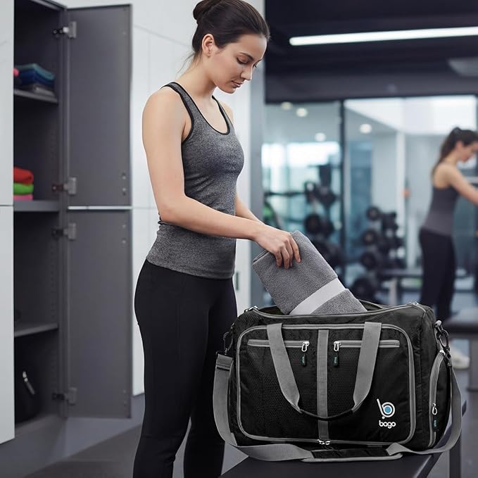 Bago Foldable Duffel Bags for Traveling Women & Men - 40L Sports Packable Duffle Bag for Travel with Shoe Compartment - Water Repellant, Heavy Duty, Lightweight Folding & Collapsible (Black)