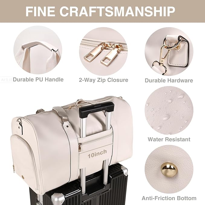 3-in-1 Leather Duffle Bag with Toiletry and Shoe Compartment, Weekender Overnight Gym Bag for Men and Women, Carry On Fits Most 15.6 Inch Laptops(Beige)