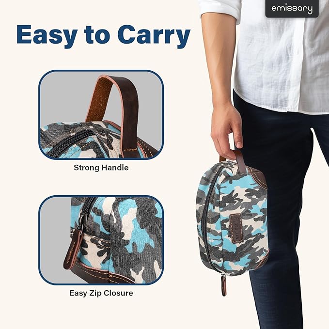 emissary Men's Toiletry Bag, Leather and Canvas Travel Toiletry Bag, Dopp Kit for Men,Bathroom Bag Men's Shaving Kit, Travel Kit Small Bags for Men, Shaving Bag for Travel (Camo-Blue)