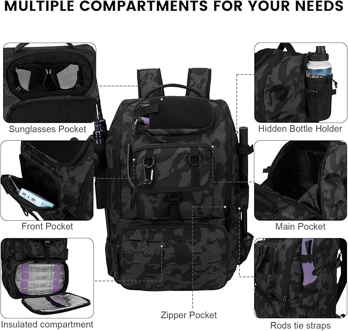 Hp hope Fishing Backpack with Rod Holders & Cooler, 40L Fishing Tackle Bag Fishing Tackle Storage Backpack Fishing Gear for Camping, Black Camo