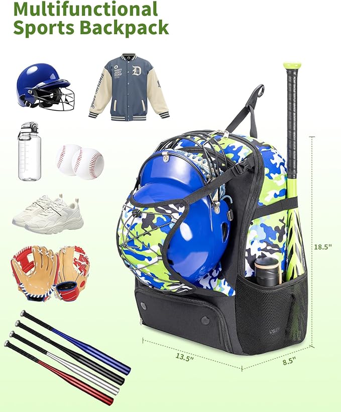 Youth Baseball Bag, Softball Bat Bag for Girls Boys & Adults, Kids Tball Backpack with Shoes Compartment, Large Capacity Equipment Backpack