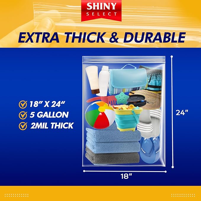 X-Large Bags, Jumbo Big Zip & Lock Freezer & Storage Bags, 5 Gallon, 18"x24" Clear, 50 Pieces