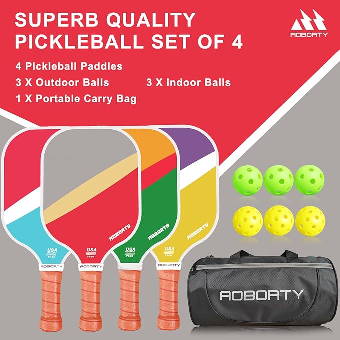 Pickleball Paddles 4 Pack - USAPA Light Graphite Premium Rackets Fiber Face & Polymer Honeycomb Core Pickleball Set with 4 Outdoor Indoor Balls Including Portable Carry Bag