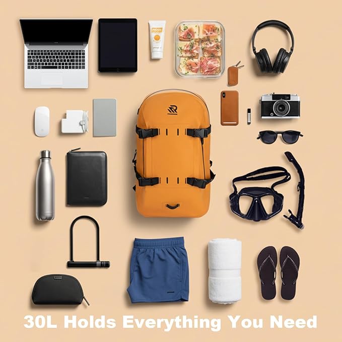 Airtight Waterproof Backpack 30L, Floating Dry Bag with Resin Zipper, IPX7 Gear Protection Large Capacity for Men, Kayaking, Paddle Boarding, Fishing, Travel, Surfing, Work, Outdoor Orange
