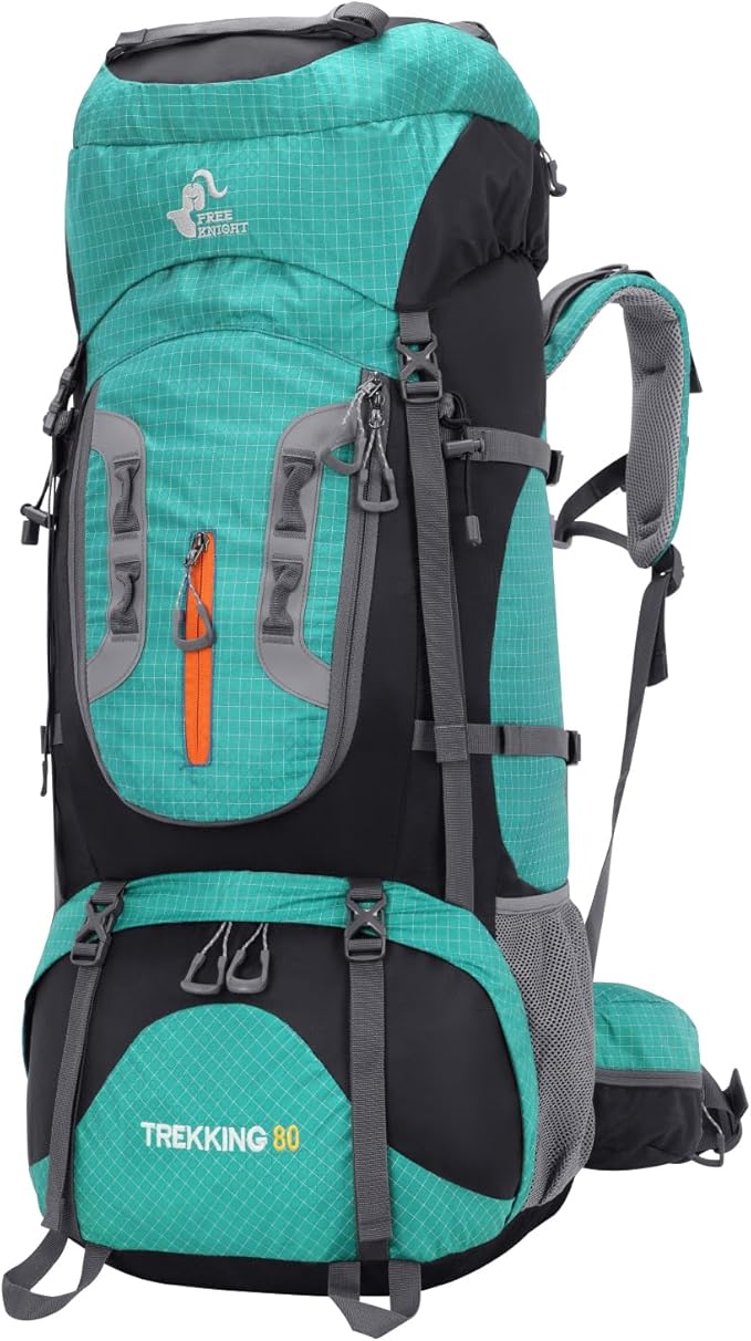 Bseash 80L Waterproof Hiking Camping Backpack with Rain Cover, Lightweight Outdoor Sport Travel Daypack for Climbing Touring (Lake Green)