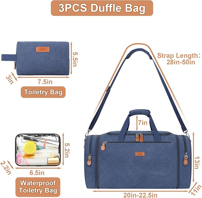 Canvas Mens Duffle Bag for Travel - Expandable 50L Weekender Bags with Toiletry Bag, Overnight Bag Travel Duffel Carry On Luggage with Removable Shoulder Strap, Durable & Water-Resistant