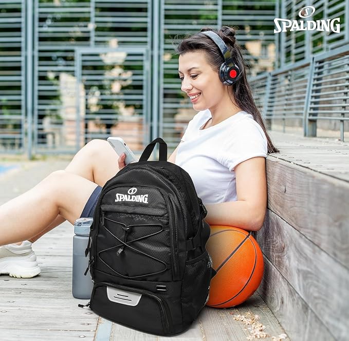 Spalding Basketball Backpack Sports Bag | Large Black Backpack with Shoe and Ball Compartment | Gifts for Basketball Players