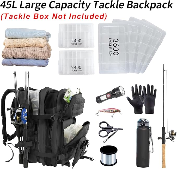 Large 45L Tactical Fishing Tackle Backpack with Removable Plier Holder & Rod Holders Storage Fishing Gear and Equipment Tackle Bag Hiking Backpack Black without Tackle Boxes