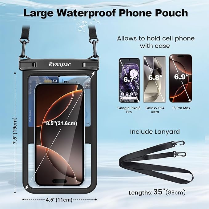 [Up to 8.5"] Waterproof Phone Pouch Bag - 2 Pack IPX8 Waterproof Phone Case for iPhone 17 16 15 14 Pro Max Galaxy S25 S24 Ultra, Touchscreen & Underwater Photography, Beach Cruise Travel Essentials
