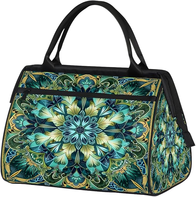 Travel Duffle Bag, Turquoise Mandala Flower Overnight Weekender Tote Bag for Women Men Waterproof Carry On Luggage with Zipper Lightweight Sport Gym Bag for Traveling Yoga Camping Traveling Gifts