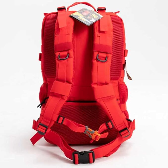 Xtreme 45L Tactical Backpack - Large Travel and Gym Backpack with 16-inch Laptop Sleeve, Stick Holder, Double Bottle Pockets, Recycled-Fabric Shell, Reliable Zippers, Rain Cover (Red)
