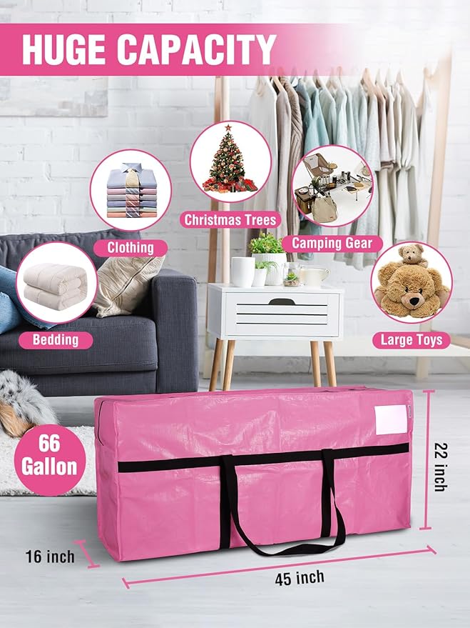 WORKPRO 2-Pack 66 Gallon Extra Large Moving Bags with Zippers, Carry Handles, Heavy-Duty, Water-Resistant Storage Totes for Moving & Space-Saving Organization, Pink