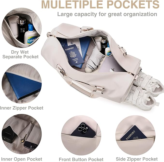 3-in-1 Leather Duffle Bag with Toiletry and Shoe Compartment, Weekender Overnight Gym Bag for Men and Women, Carry On Fits Most 15.6 Inch Laptops(Beige)