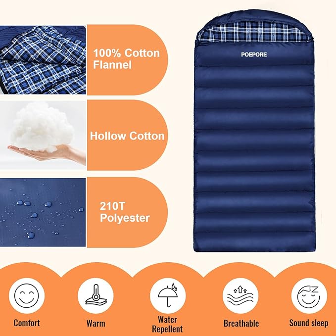 0 Degree Sleeping Bag 100% Cotton Flannel XXL Cold Weather Winter Oversized Sleeping Bag for Adults Camping Zero Degree Big and Tall with Compression Sack