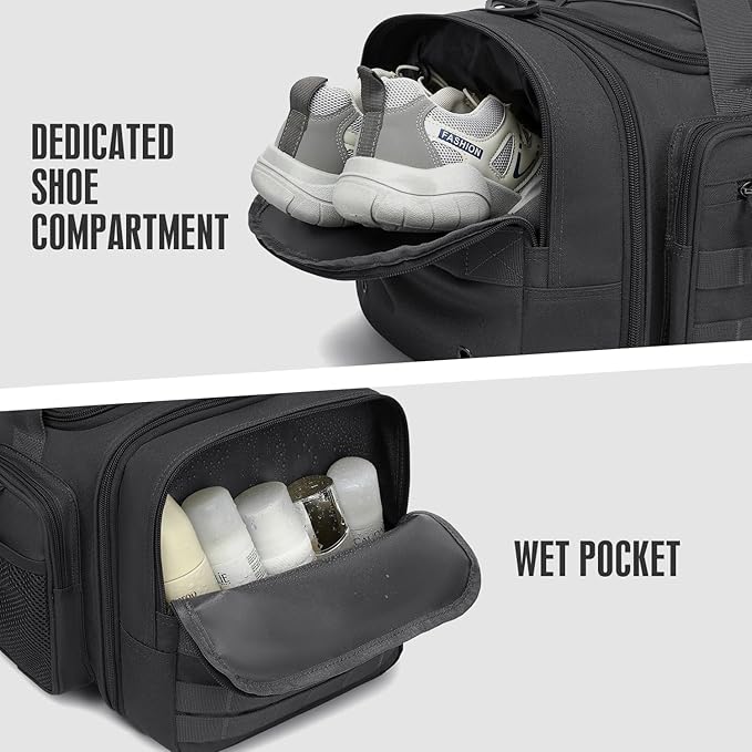 3 in 1 Tactical Gym Bag Backpack for Men 50-55L Expandable Travel Duffle Bag for Women Military Sport Duffel Bags Weekend Overnight with Shoe Compartment & Wet Pocket for Fitness, Black