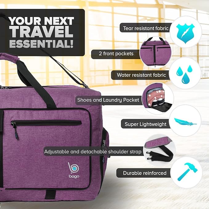 Bago Large Foldable Duffel Bags for Traveling Women & Men - 80L Packable Duffle Bag for Travel with Shoe Compartment - Water Repellant, Heavy Duty, Lightweight Folding & Collapsible (SnowDepPurple)