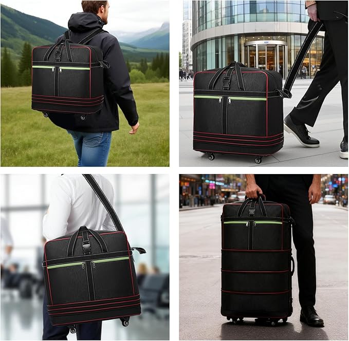 Foldable Duffel Bag,Large Expandable Rolling Travel Duffle Bag with Wheels Waterproof Collapsible Luggage Carry on Duffel Bag with Wheels and Handle, Black