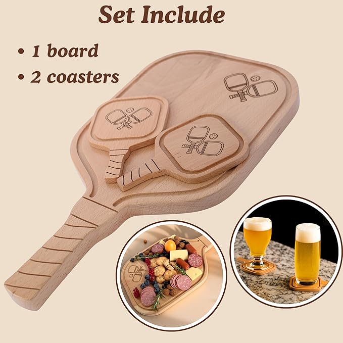 3pcs, Set of Pickleball Charcuterie & Cutting Board with 2 Drink Coasters - Funny Pickleball Christmas - Gifts for Women & Men, Unique Pickle ball Gift Ideas, Stocking Stuffers for Players & Lovers,