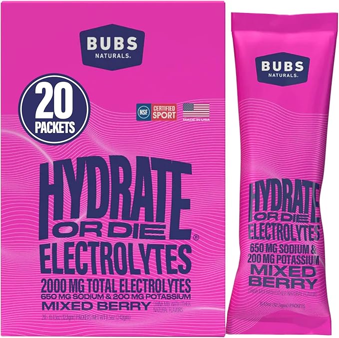 BUBS Naturals - Hydrate or Die Electrolytes Powder Packets for Fast Absorption | Premium 2000mg Electrolyte Powder | for Sports, Recovery & Well-Being (Natural Mixed Berry Flavor, 20 Sticks)