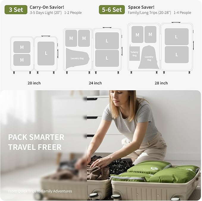 Cipway Compression Packing Cubes Set, Ultralight Expandable Travel Packing Organizers for Carry on Luggage (Green 6pcs)