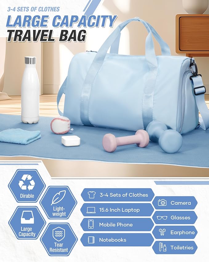 Gym Duffle Bag for Women Carry on Luggage Travel Essentials Airline Approved Personal Item 18x14x8 Inches Lightweight Weekender Sports Travel Duffel Bag with Shoe Compartment Wet Pocket Men LightBlue