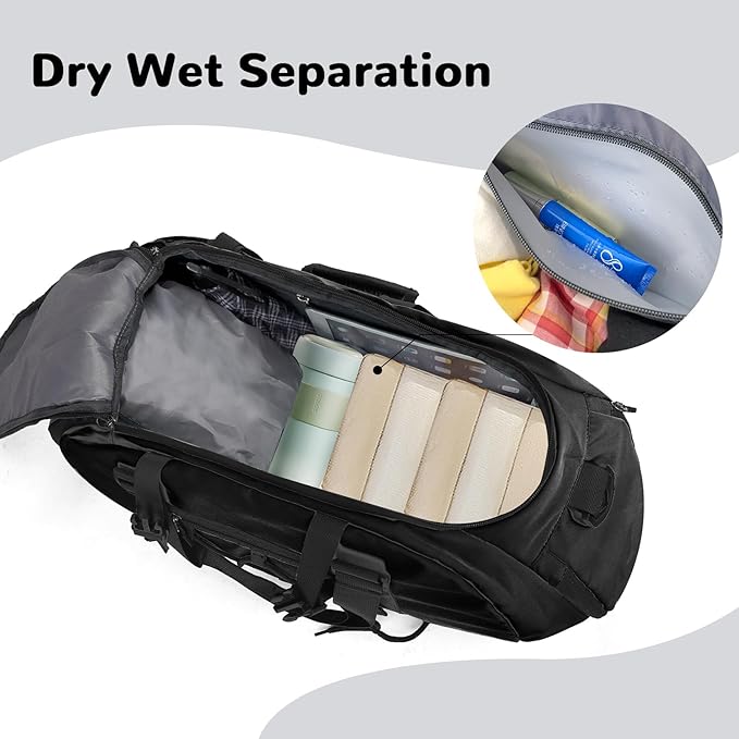 30L Gym Duffel Bag Backpack with Shoe Compartment for Men, Overnight Bag with Wet Pocket for Adults, Black