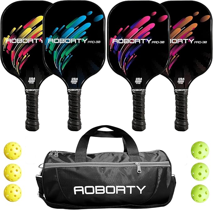 Pickleball Paddles 4 Pack - USAPA Light Graphite Premium Rackets Fiber Face & Polymer Honeycomb Core Pickleball Set with 4 Outdoor Indoor Balls Including Portable Carry Bag