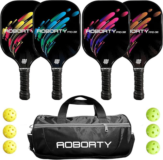 Pickleball Paddles 4 Pack - USAPA Light Graphite Premium Rackets Fiber Face & Polymer Honeycomb Core Pickleball Set with 4 Outdoor Indoor Balls Including Portable Carry Bag