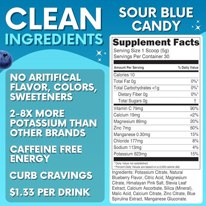 Zero Sugar - Sour Blue Candy Electrolytes Powder - Refreshing Hydration - Caffeine Free Energy - All Natural Ingredients - Vegan, Keto & Paleo - Sugar Free Electrolyte Powder Drink Mix - 30 Servings