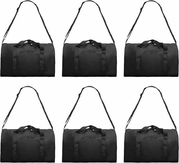 6 Sporty Duffle Bags Set - Polyester, Adjustable Strap, Front Pocket, Roll Styling - Black