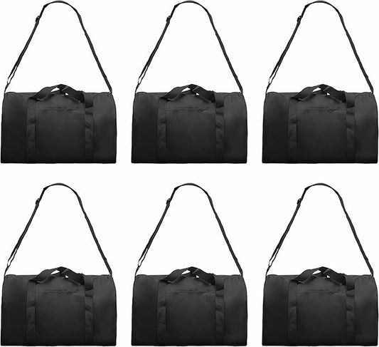 6 Sporty Duffle Bags Set - Polyester, Adjustable Strap, Front Pocket, Roll Styling - Black