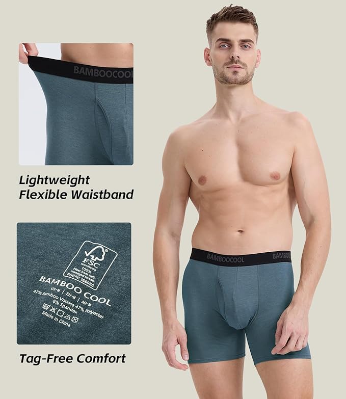 BAMBOO COOL Men's Underwear Breathable Boxer Briefs with Fly Moisture-Wicking Lightweight Underwear 7-Pack