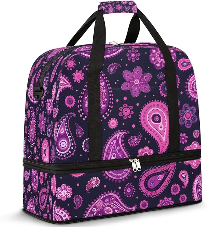 Purple Paisley Pattern Travel Duffle Bags With Shoes Compartment for Women Men Weekender Overnight Bag Foldable Sports Tote Gym Carry On Luggage Handlebag for Travel Yoga Hospital Workout