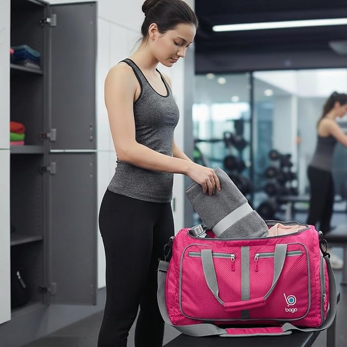 Bago Foldable Duffel Bags for Traveling Women & Men - 40L Sports Packable Duffle Bag for Travel with Shoe Compartment - Water Repellant, Heavy Duty, Lightweight Folding & Collapsible (Pink)