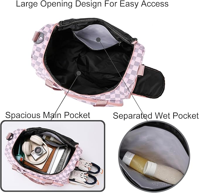 Weekender Duffel Sport Gym Bag Overnight Travel duffle Bags with Shoe Compartment Wet Pocket Tartan-Pink