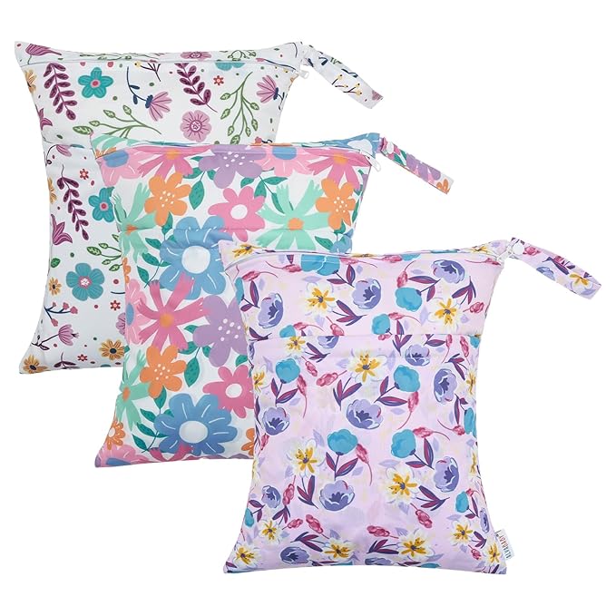 ALVABABY 3pcs Cloth Diaper Wet Dry Bags Waterproof Reusable with Two Zippered Pockets Travel Beach Pool Daycare Soiled Baby Items Yoga Gym Bag for Swimsuits or Wet Clothes 3L-ZM18A