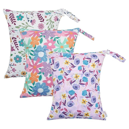 ALVABABY 3pcs Cloth Diaper Wet Dry Bags Waterproof Reusable with Two Zippered Pockets Travel Beach Pool Daycare Soiled Baby Items Yoga Gym Bag for Swimsuits or Wet Clothes 3L-ZM18A