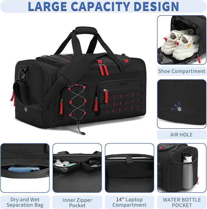 Bosstin Gym Bag for Men & Women, 45L Travel Duffle Sports Duffel Bag Gym Weekender Overnight Backpack with Shoe Compartment (Black)