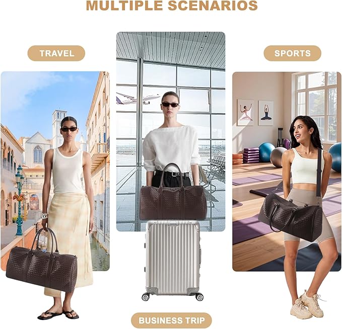 Weekender Bags for Women Woven Leather Travel Duffel Bag with Shoe Compartment, Carry On Garment Bag for Men Women, Large Capacity Water-resistant Gym Tote (Coffee)